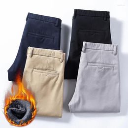 Men's Pants 2024 Winter Warm Fleece Casual Men Thick Cotton Elasticity Straight Solid Colour Loose Business Trousers Black Khaki Grey
