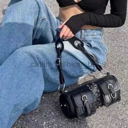 Shoulder Bags Vintage Black Women Cylinder Underarm Double Pocket Design Ladies Bag Fashion Female PU Leather Purse Handbagscatlin_fashion_bags