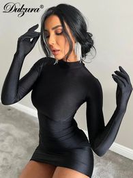 Dulzura Solid Long Sleeve With Gloves Mini Dress Bodycon Sexy Streetwear Party Half Turtleneck Outfits Y2K Clothes Wholesale 240108