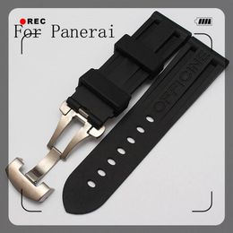 Top-Quality Waterproof Rubber Silicone Strap 24mm 26mm black Men's Watchbands For Pam111 With original Logo Butterfly Buckle248S