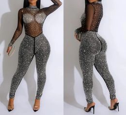 Sexy Womens Jumpsuit Nightclub Clothing Solid Colour Mesh Drill LongSleeved SeeThrough Trousers 240109