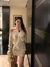 Autumn Women Beige Sexy Club Off Shoulder Knit Sweater Long Sleeve Tops And Mini Short Skirts Brown Two Piece Sets Fashion 240109