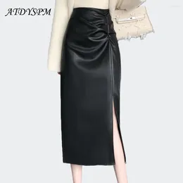 Skirts Fashion Black PU Faux Leather Women's Wrap 2024 Autumn Winter Folds High Waist Front Split Straight Female