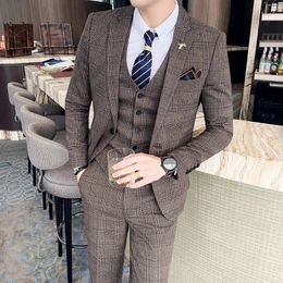 S7XL JacketVestPants Fashion Boutique Lattice Formal Business Mens Suit 3pcs Set Groom Wedding Dress Plaid Show Stage 240108