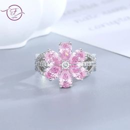 Pink Flower Sparkling Zircon Engagement Wedding Ring 18K Gold Plated White Gold Plated Fine Jewellery For Women 240108
