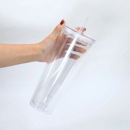 US Warehouse Pre drilled 24oz Acrylic Tumblers with lid and Straws Snow Globe Tumbler Double Wall Clear Plastic Tumblers with hole Plug ZZ