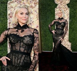 Hannah Waddingham 2024 Golden Globe Awards Red Carpet Celebrity Dresses Sexy See Through Black Lace Mermaid Evening Formal Gowns Long Sleeves Prom Dress Robe CL3185