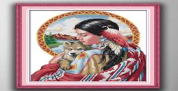 Indian girl woman and dog paintng style Cross Stitch Needlework Sets Embroidery kits paintings counted printed on canvas DMC 14C1389690