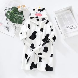 Hooded Pyjamas Robes Cartoon Cow Soft Comfortable Winter Kids Boys Girl Baby Bathrobe Sleepwear Flannel Homewear Clothing 240108