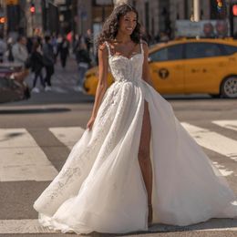 Amazing Beaded Wedding Dresses Appliqued Side Split Bridal Gowns Lace Sweetheart Neckline A Line Sweep Train Tulle Vestido De Novia
