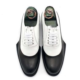 Classic Oxfords White Black Mixcolor Handmade Formal Suit Dress Shoes Male Derby Shoe Flat Heel