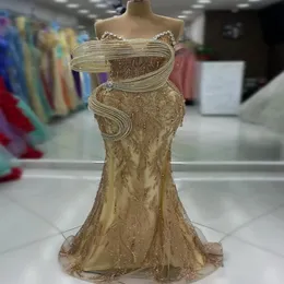 2024 Aso Ebi Gold Mermaid Prom Dress Crystals Sequined Lace Stylish Evening Formal Party Second Reception Birthday Engagement Gowns Dresses Robe De Soiree ZJ435