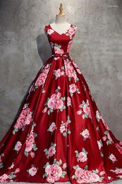 Party Dresses Red Floral Print Satin V Neck Long Train Evening Dress Printed Prom