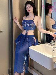 Casual Dresses Women Blue Dress Fashion Mesh Lace Sheer China Neck Hanging Sexy Antique Split Hanfu Maxi Elegant Sweet 2024 GJH8