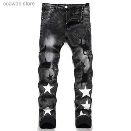 Men's Jeans EHMD Star Embroidered Jeans Men's Leather Micro-Channel Stitching Cotton High Stretch Slim Pants 3D High Street Gradient Art23 T240109