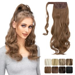 18" Ponytail Extension Brown Pony Tail Wrap Around Clip in Hair Extensions Curly Wavy Synthetic High Resistant Fiber Fake Hairpiece for Women