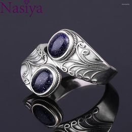 Cluster Rings Nasiya Design Punk Hiphop Ring With Two Blue Sandstone Women S925 Sterling Silver Jewellery Party Birthday Gift