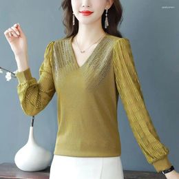 Women's Sweaters 2024Women's Spring Autumn Fashion Elegant V-neck Long Sleeved Pullover Solid Colour Bottom Casual Versatile Western Commuter
