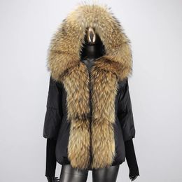 BLUENESSFAIR Winter Jacket Women Real Fox Fur Collar Hooded Natural Thick Warm Loose Duck Down Coat Streetwear Outerwear 240108