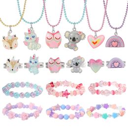 Necklace Bracelet pcs Pinksheep Ring Set Girls Unicorn Koala Heart Rainbow Elk Owl Jewelry for Kids Teens