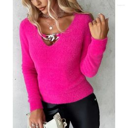 Women's Sweaters Sophisticated Vintage Women Clothes Autumn Winter Closing Solid Colour V-neck Chain Hollow Long Sleeve Plush Sweater