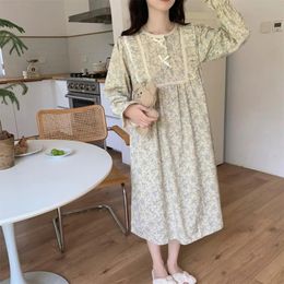 Womens Nightdress Floral Print Kroea Style Long Sleeve Ladies Nightgown Ruffles Spring Autumn Night Wear for Female Pajama 240108