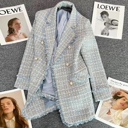Blue Tweel Plus Size Tweed Blazer Women Elegant Double Breasted Pearl Button Suit Jacket Korean Spring Autumn Vintage Outwear 240109