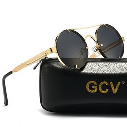 GCV High Quality Gothic Steampunk Sunglasses Polarised Men Women Brand Designer Vintage Round Metal Frame Sun Glasses 240109