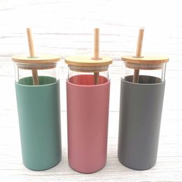 16oz Glass Mug Tumbler Juice Cup Milk Cups with Silicone Sleeve Bamboo and Straw Enviroment-Friendly Novelty Wine Bottle Office Car Dri Tjau