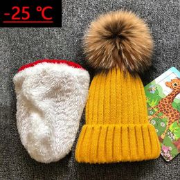 Children Real Raccoon Fur Ball hats Plus velvet Winter Hat Cap For Kids Boy Girl Warm Fur Pom Poms Ski Hat Fur Pompoms Hat 240108