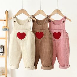 1-4Y Spring Kids Baby Clothes Heart Brodery Baby Boys Girls Bib Pants Solid Overalls Corduroy Casual Suspender Outwear 240108