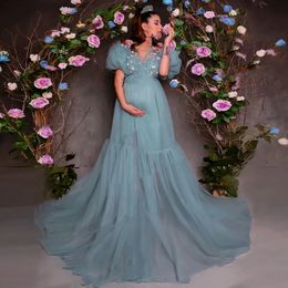 Plus Size A Line Prom Dresses for Maternity V Neck Short Sleeve Split Pregnant Women Dress 3D Flowers Tulle for Photography Wear