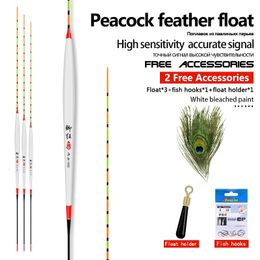 3PCS Peacock Feather Fishing Floats1 Bag Hooks1 Buoy Seat Carp Crucian Float Stopper Vertical Bobbers Accessories Tool 240108