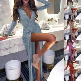 Casual Dresses Fashion Party Dress Deep V-Neck Unique Design Slim Fit High Split Glitter Wrap