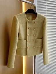 Autumn Winter Brand Luxury Tweed Short Jacket Coat Women Elegant French Golden Double Breasted Woollen Suit Casaco Outwear 240108