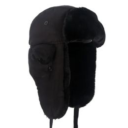 2023 Ushanka earflap hats Warm Winter Black Bomber Hat Men Faux Fur russian style gorros de aviador 240108