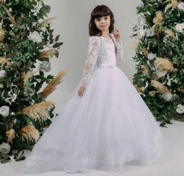 Girl Dresses White Flower For Wedding Kid First Communion Girls Full Sleeve Robe Mariage Enfant Fille Train