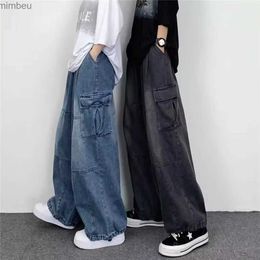 Men's Jeans 2023 Autumn Harajuku Fashion Retro High Street Hip Hop Trousers Straight Wide Leg Pants Casual Big Pockets Baggy Jeans for MenL240109