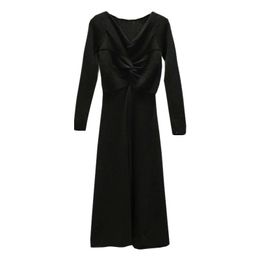 10063 XL 2024 Milan Runway Dress SPring V Neck KLint Dress Long Sleeve Mid Calf Black Brand Same Style Womens Dress Fashion High Quality qianhe