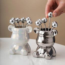 Forks 6 Pcs Stainless Steel Dessert With Storage Jar Cute Bear Utensils For Party Tasting Fruit Salad Friends Gifts