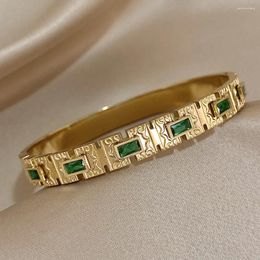 Bangle AENSOA Inlay Green Zircon Rectangle Vintage Ethinic Caved Stainless Steel Bangles Bracelets For Women Statement Wrist Jewellery