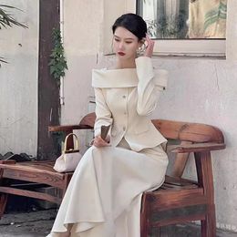 Work Dresses Autumn Winter Retro Two Piece Skirt Set Women Fashion Elegant Slash Neck Top Midi Vintage Gentle Party Suit Outfit