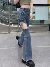 Women's Jeans Blue Holes Bow Lace-up Vintage Women High Waist Slim Sexy Zipper Casual Fashion Female Streetwear Chic Flare Pants