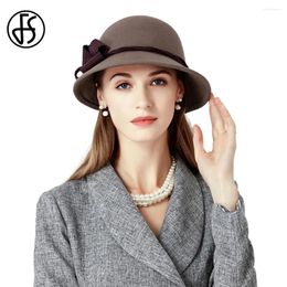 Berets FS Deep Grey Wool Felt Fedoras Wide Brim Bowler Hats For Women Black Millinery Chapeau Autumn Winter Ladies Cloche Cap