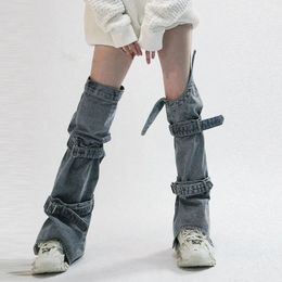Fashion Womens Leg Warmers Knee-Length Buckled Denim Leggings Stylish Jean Foot Socks For Lady Blue Club Street Style S-XL 240109