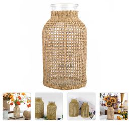 Planters Pots Straw Glass Vase Desktop Flower Rustic Home Decor Flowerpot Household Office Pots Indoor Plants YQ240109