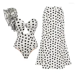 Women's Swimwear One Piece Swimsuit Women Skirt Retro Dot Cover Up Outfit Ruffled Beachwear 2024 Beach Bathing Suit