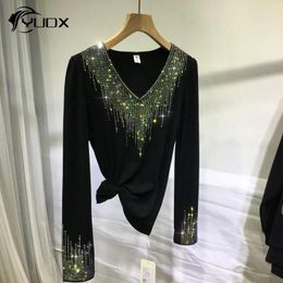 Women's T Shirts YUDX Shiny Drilling Long Sleeve Women Tshirt All-match Black V-neck Pullover Top Spring Autumn Diamonds Cotton Basic