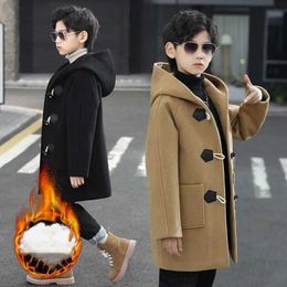 Boys Wool Blends Winter Coat 2023 Fashion Hooded Solid SingleBreasted Plus Cotton Warm Children Outerwear High Quality 240108