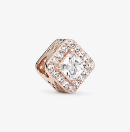 Genuine New Arrival 925 Sterling Silver Rose Gold Square Sparkle Halo Charm Fit Original European Charm Bracelet Fashion Jewelry Accessories7642671